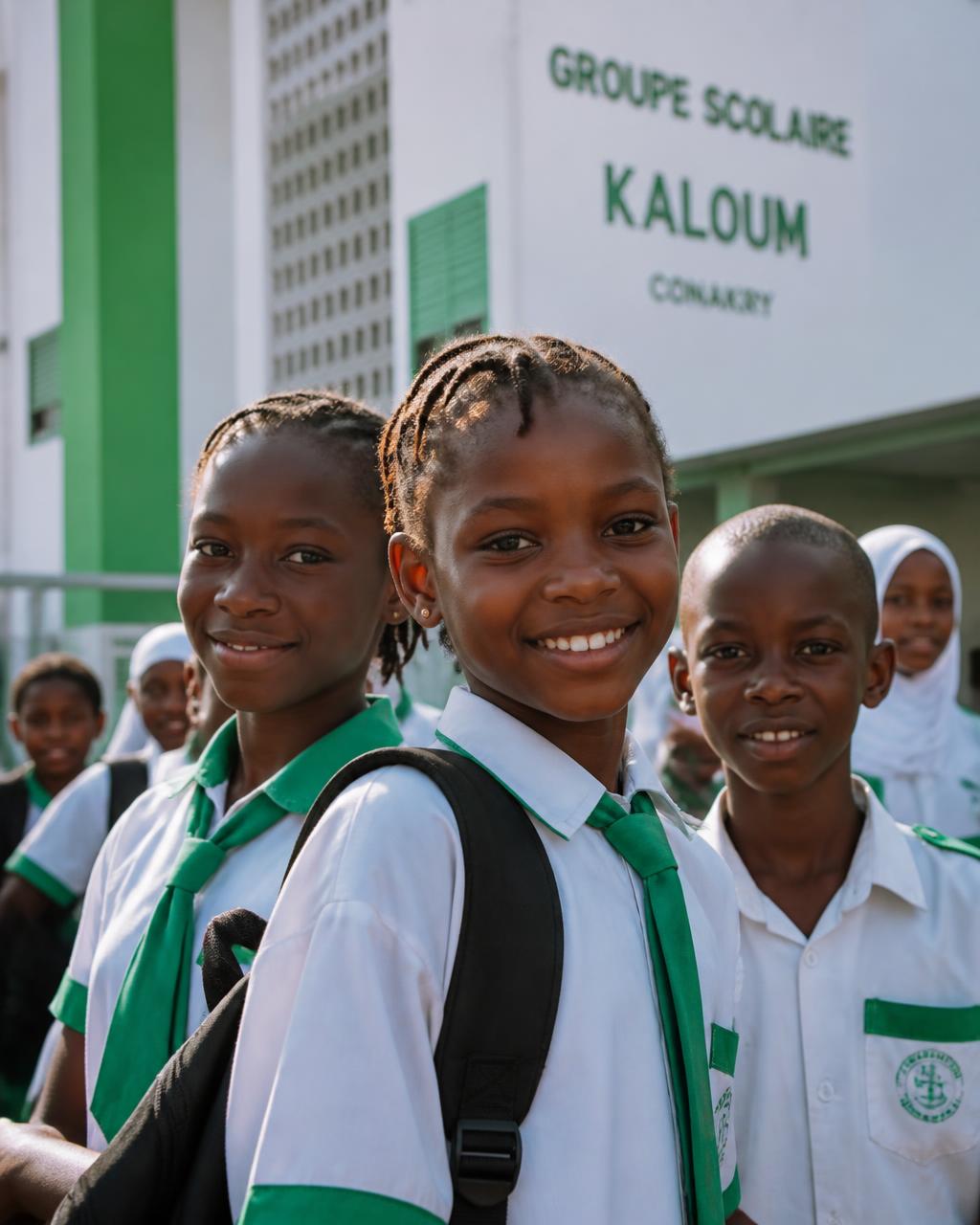 Élèves guinéens en uniforme devant leur école